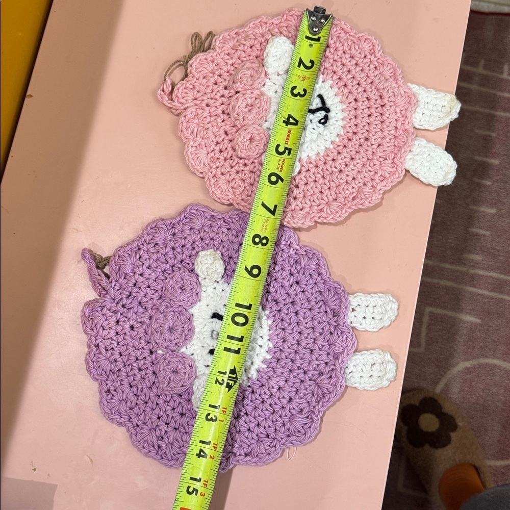 Vintage Hand Crochet Knit Lamb Pink Purple Hot Pads Coasters - Picture 4 of 5